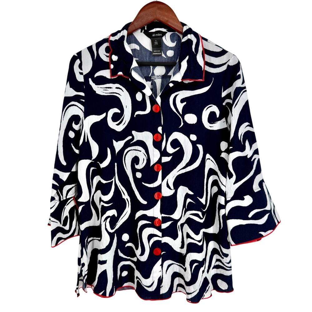 Ali Miles Sz Small Wearable Art to Wear Navy Blue Red Nautical Shirt Top Blouse